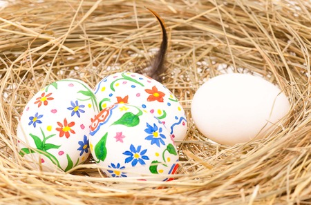 Colorful Easter eggs in a birds nest with feathers close-up - Stock ...