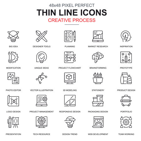 Thin line creative process and project workflow icons set for website ...