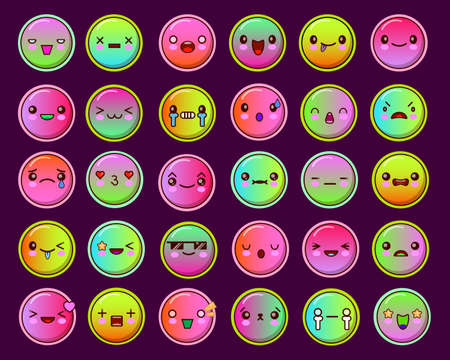 Vector set neon colored faces with different moods, with smoothed outlines. Each smiles mood is separately. EPS