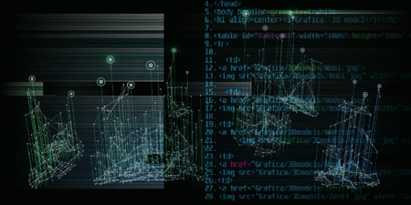 Abstract technology background with polygonal graph and code on black ...