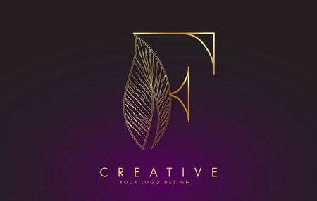Outline Golden Letter F Logo icon with Wired Leaf Concept Design ...