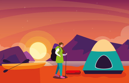 man with camping tent on the river shore vector illustration - Stock ...