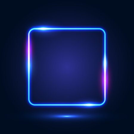 Neon square blue frame with shining effects on a dark background ...