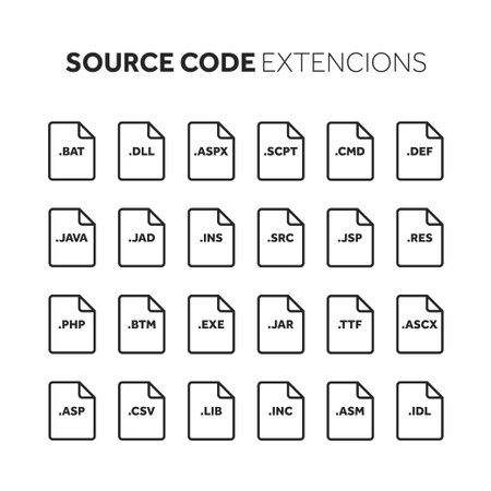Line,outline flat style icon set. Source code, programming file type ...