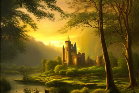Dreamy landscape with sunset over castle ruins by a forest lake ...
