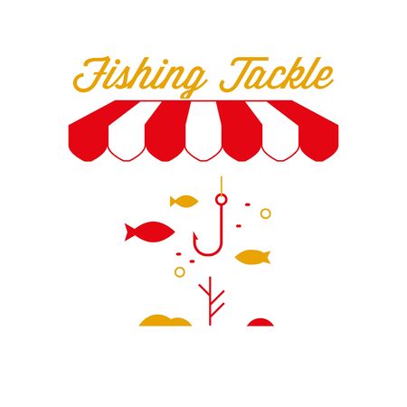 Fishing Tackle Shop Sign, Emblem. Red and White Striped Awning Tent. School of Fish and Fishing Hook Icon. Gold and Red Colors. Flat Vector Illustration.