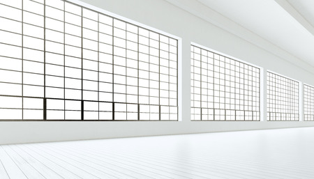 Empty modern industrial room with huge panoramic windows,painted white ...