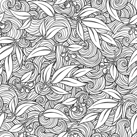 Vector floral seamless pattern. Exotic foliage with eucalyptus leaves, branches. Light grey fairy dahlia silhouette in the jungle on a white background. Coloring book page for children and adults.