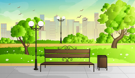 City park with green trees bench, walkway and lantern. Town and city ...