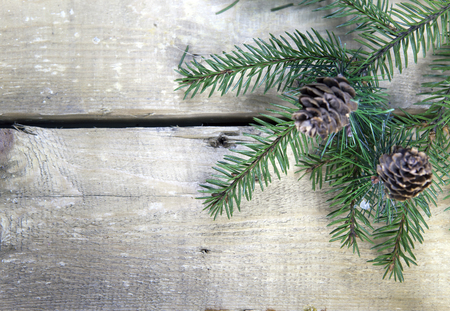 Christmas and New Year Concept. Fir tree branch with cones on wooden ...