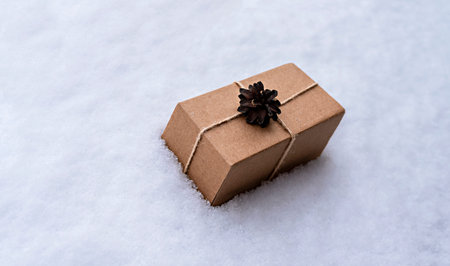 Gift in craft box decorated with pine cone on white snow, eco friendly ...