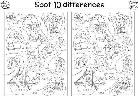 Black and white find differences game for children. Sea adventures line educational activity with cute pirate ship, treasure island map. Printable worksheet or coloring page with treasure chest