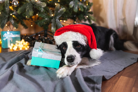 Funny cute puppy dog border collie wearing Christmas costume red Santa ...