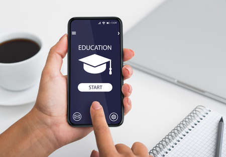Distance Learning. Unrecognizable Woman Browsing Educational App On ...
