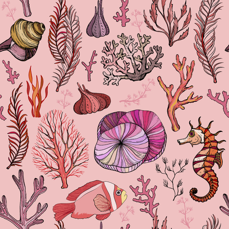 Seamless pattern with marine hand drawn corals. - Stock Image - Everypixel