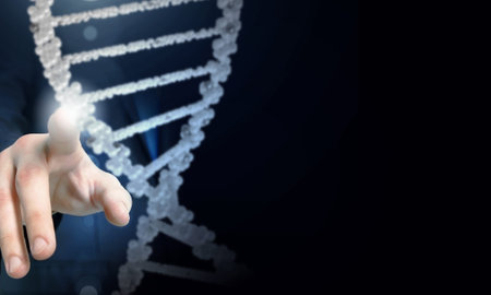 Science concept image of human hand touching DNA molecule - Stock Image ...
