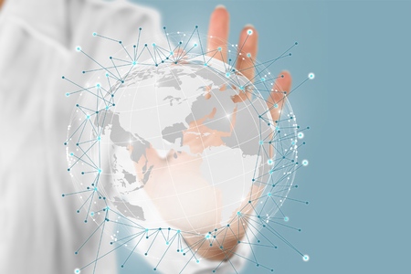 Businessman touching global network and data exchanges over the world ...