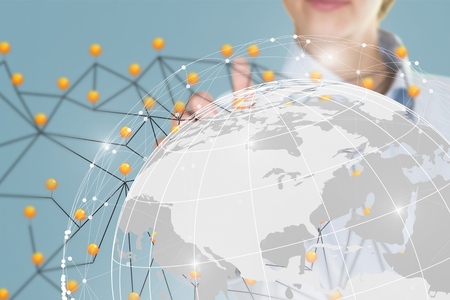 Businessman touching global network and data exchanges over the world ...