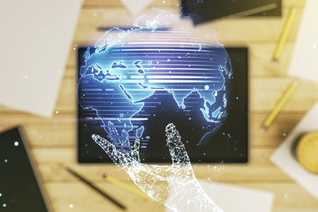 Multi exposure of abstract creative digital world map and modern ...