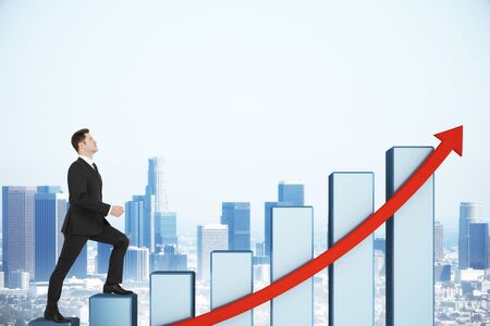 Businessman rises on stock chart with red arrow on city background ...