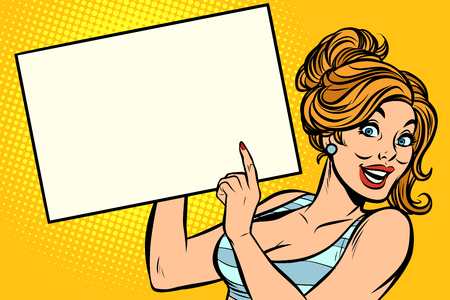 woman points to a blank. Comic cartoon pop art retro vector ...