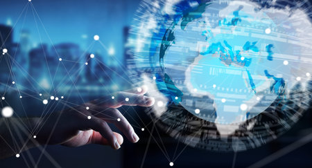 Businessman touching global network and data exchanges over the world ...