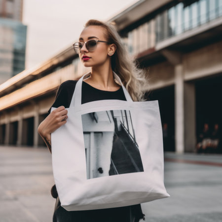 A woman holding a tote bag with a picture of a man. AI generative image ...
