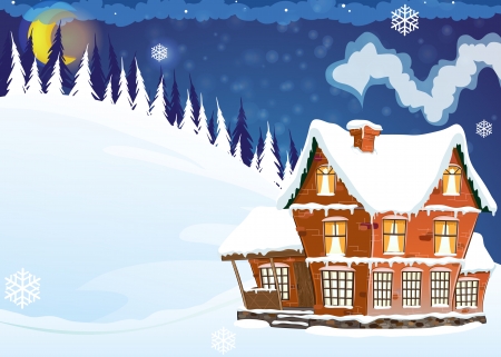 Three Storey Mansion With A Snow Covered Roof In A Pine Forest