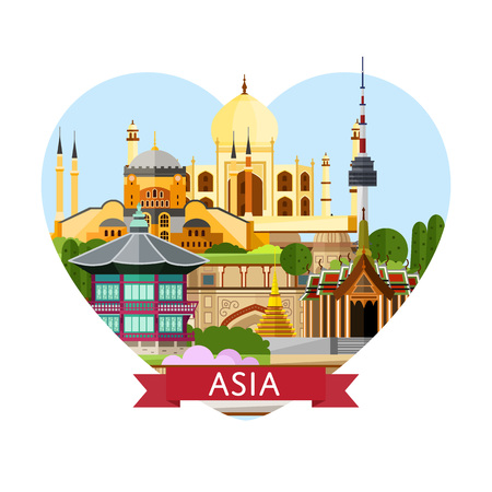 Asia Travel Banner With Temple Of Emerald Buddha Taj Mahal And