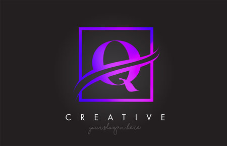 Q Purple Violet Letter Icon Logo Design with Square Swoosh Border and ...