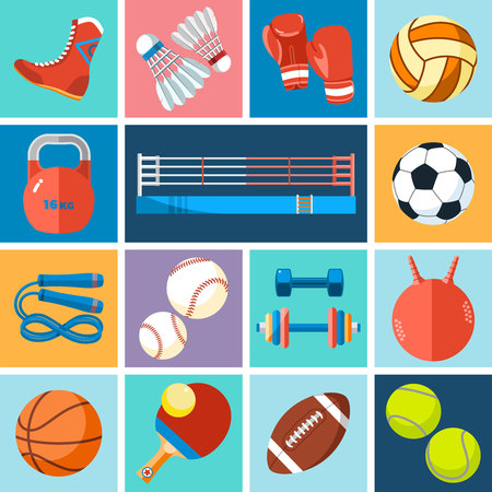 Banner of sport balls and gaming equipment. Background for promotional posters, advertising flyers, brochure or booklet, discount banners, sale. Healthy lifestyle tools. Vector Illustration.