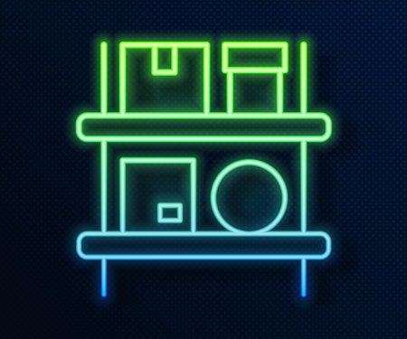 Glowing neon line Warehouse interior with boxes on racks icon isolated ...