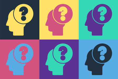 Pop art Human head with question mark icon isolated on color background ...