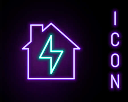 Glowing neon line House and lightning icon isolated on black background ...