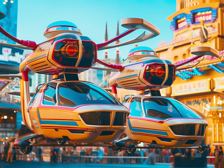 Flying cars in a futuristic...