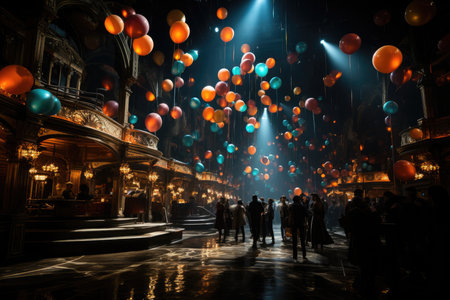 Festive crowds dancing unde...