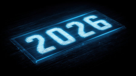 A vibrant neon blue digital...