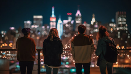 Four friends stand and admi...