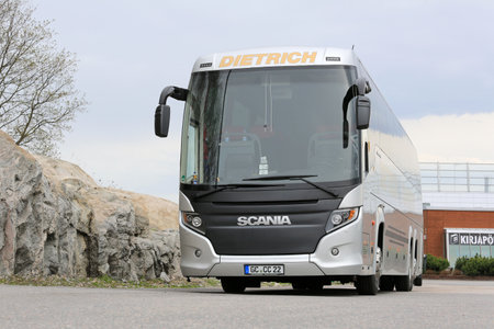 SALO, FINLAND -MAY 1, 2015: Scania Touring coach bus parked. Scania ...