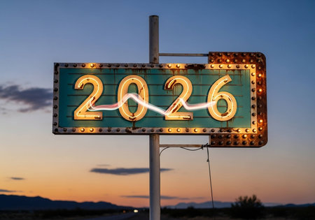 New Year neon sign at sunse...