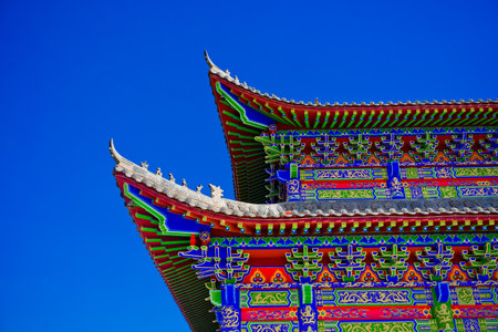 Beautiful chinese temple roof with blue sky background, Beijing, Chinaの写真素材
