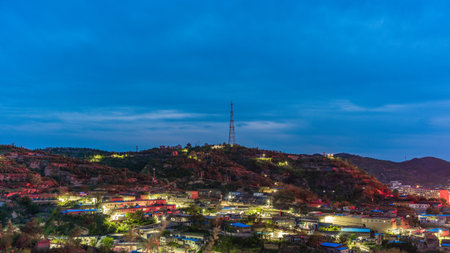Aerial view of the city at night, Taipei, Taiwanの写真素材