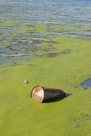 Rusty metal barrel floating in river