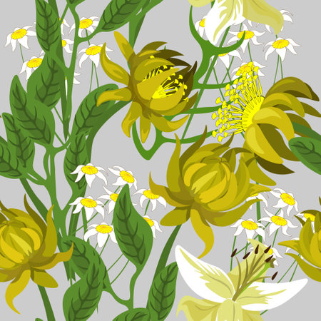 Seamless floral pattern. Different yellow flowers on a gray background. Vector, art, Illustration.のイラスト素材