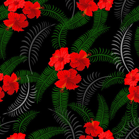 Seamless floral pattern, vector. Hibiscus flowers, tropical plants, black background.のイラスト素材