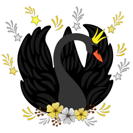 Isolated on white, black swan princess with flowers and stars. Isolated objects, clipart, vector. Elements for design.のイラスト素材