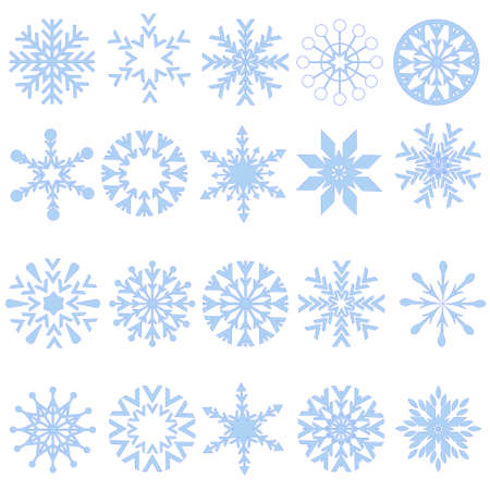 20 different blue snowflakes isolated on white background, clip art, vector.のイラスト素材