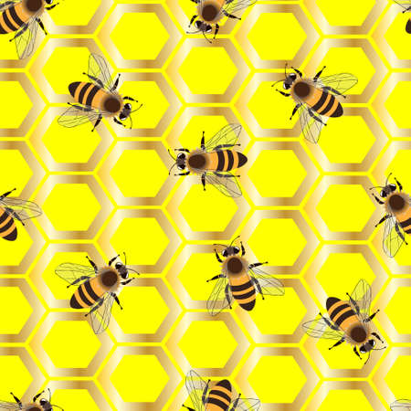 Seamless pattern. Golden honeycomb and honeybees on a yellow background.