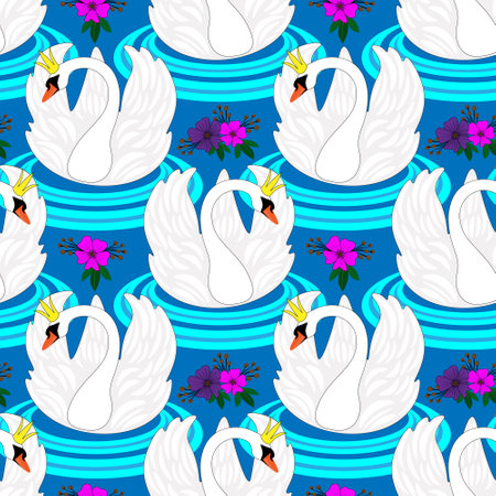 White swans and colorful flowers on blue background. Seamless pattern, vector.のイラスト素材