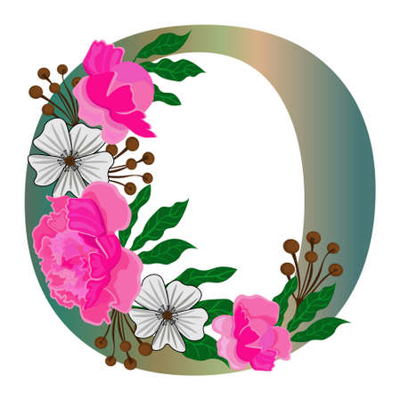 Letter O with flowers, isolated on white background. Isolated object, vector.のイラスト素材